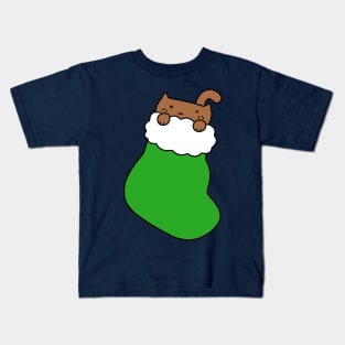 Green Stocking and Fat Brown Cat Kids T-Shirt